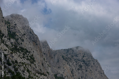 The peak, high gray cliffs against the blue sky, the forest at the foot of the mountains. Mountain scenery.