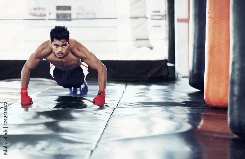 Athlete, portrait and push ups for sports in gym for training, wellness and workout for body. Man, exercise and gloves on hands, muscle and health for person in fitness centre, strong and serious Athlete, portrait and push ups for sports in gym for training, wellness and workout for body. Man, exercise and gloves on hands, muscle and health for person in fitness centre, strong and serious