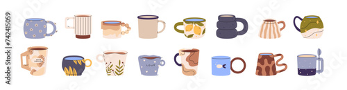 Different pottery cups set. Various handmade tea mugs with cute print. Decorated ceramic teacups for hot drinks. Colored ornamented kitchenware for coffee. Flat isolated vector illustration on white