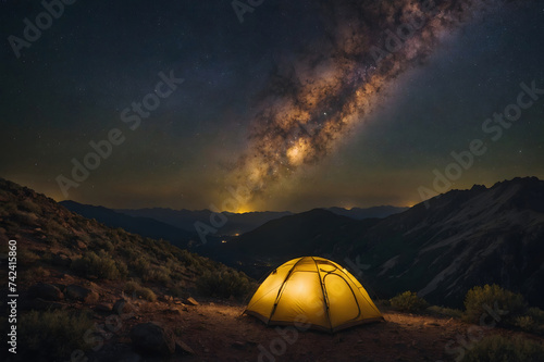 Landscape view a yellow tent with light inside installed on mountain with realistic beautiful milky way galaxy in the sky at night time extra wide angle view. Camping fire travel or adventure business