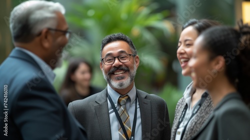 Smiling diverse professionals engaging in a friendly discussion at a corporate networking event