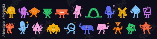 Cute geometric characters set. Different abstract shapes avatars with emotions, facial expressions. Funny maths, geometry figures. Game form of elementary education. Flat isolated vector illustration