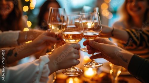 Friends toasting with wine glasses at a festive gathering, celebrating with a warm and joyful holiday ambiance