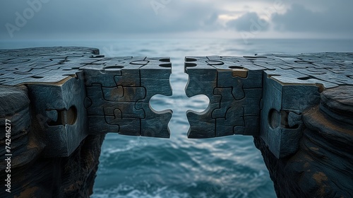 Stone bridge with a missing puzzle piece over a turbulent sea, concept of challenge and problem-solving in nature photo