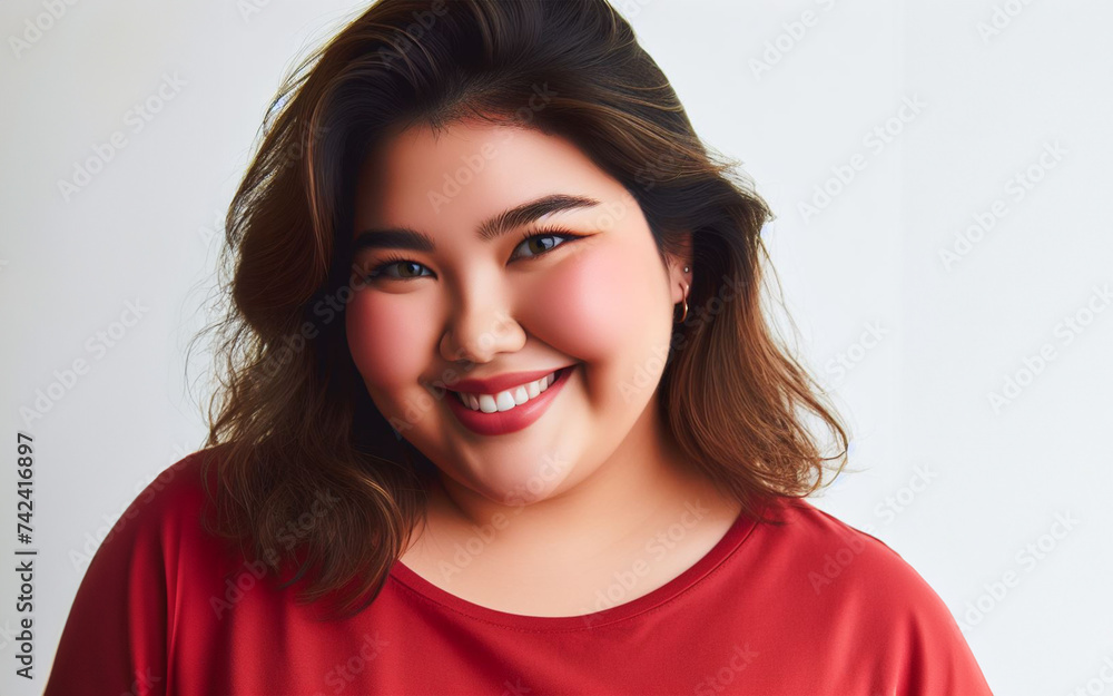 The fat woman smiled, looking confident in herself. Beautiful fat woman concept, white background The fat woman smiled, looking confident in herself. Beautiful fat woman concept, white background