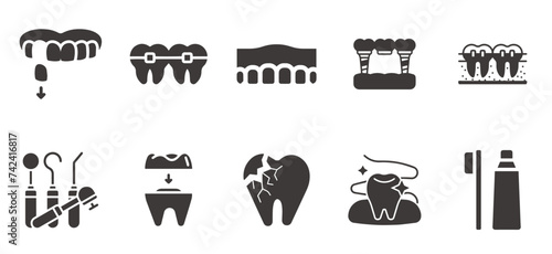 Dental icons set. Vector teeth related icons. Dentist icon pack.