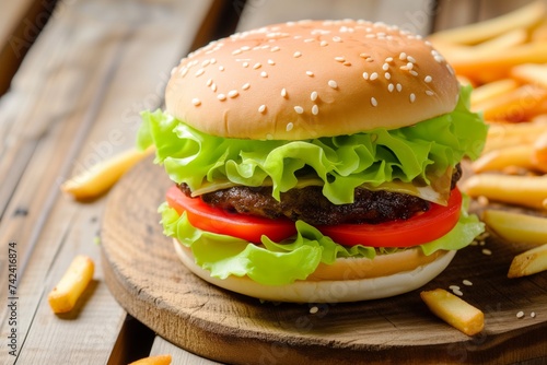 burger with lettuce  tomato  on wooden table  fries scattered