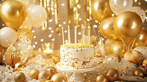 Elements for birthday party and cake in gold colors.