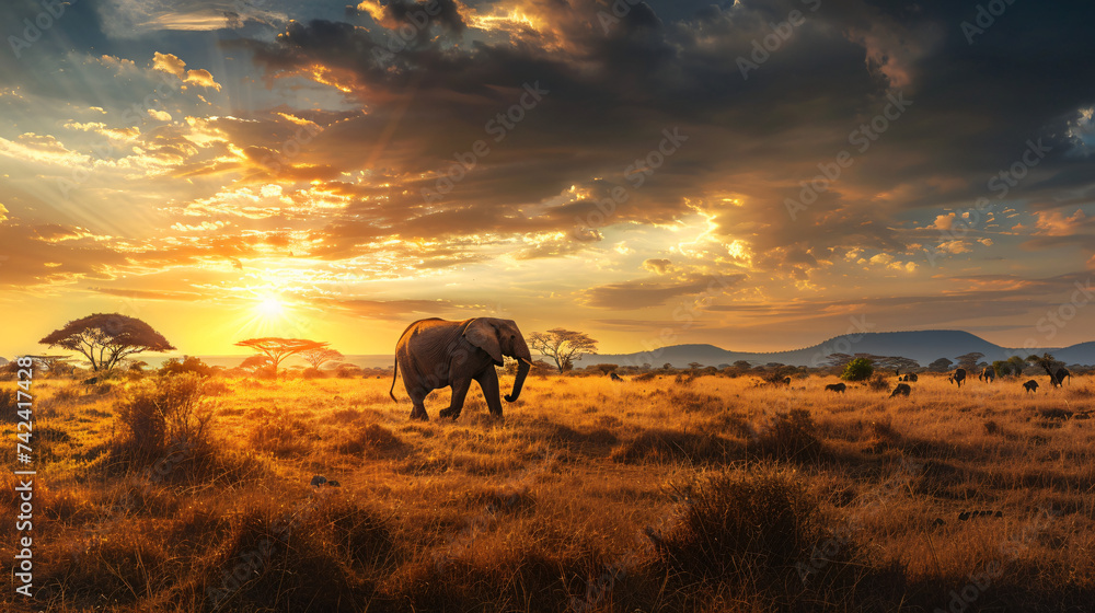 Elephant in Serengeti savanna. - obrazy, fototapety, plakaty 
