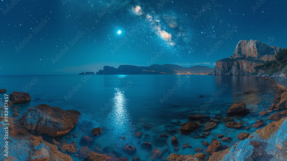 Beautiful landscape of the night sea against the background of the starry sky