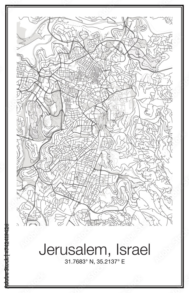 A city map wall art Poster of the city streets of Jerusalem Israel.