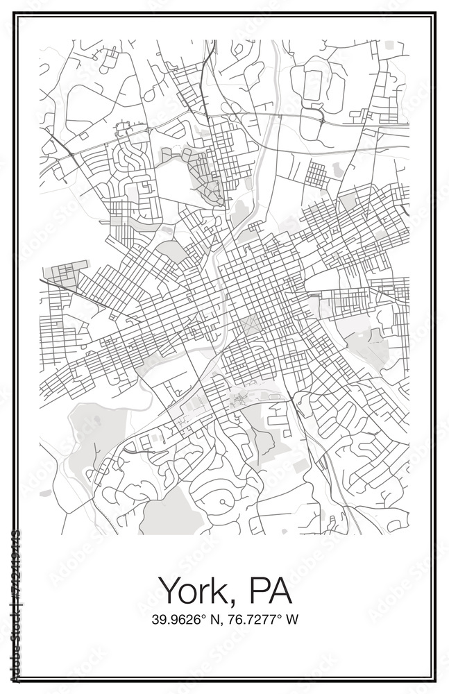Fototapeta premium A city map wall art Poster of the city streets of York PA