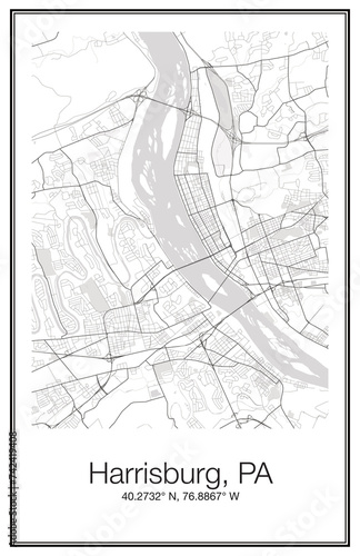 A city map wall art Poster of the city streets of Harrisburg PA