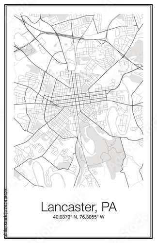 A city map wall art Poster of the city streets of Lancaster PA