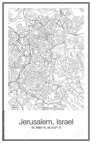 A city map wall art Poster of the city streets of Jerusalem Israel.