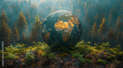 A globe rests on a boulder amidst a natural landscape. Surrounding it are terrestrial plants, trees, and grass, creating a beautiful artistic pattern in the forest photo
