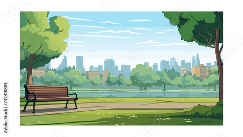 City park with bench and cityscape in the background vector illustration graphic design