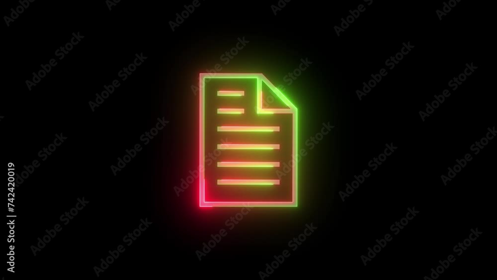 Neon document icon green red color animation black background Neon document icon green red color animation black background