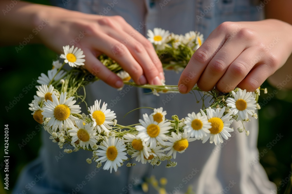 person creating a flower crown with daisies person creating a flower crown with daisies