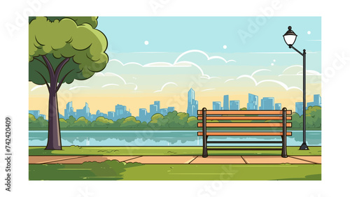 Park bench and city skyline in the background. Vector flat illustration