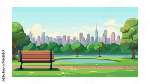 Park scene with bench and cityscape in the background. Vector illustration