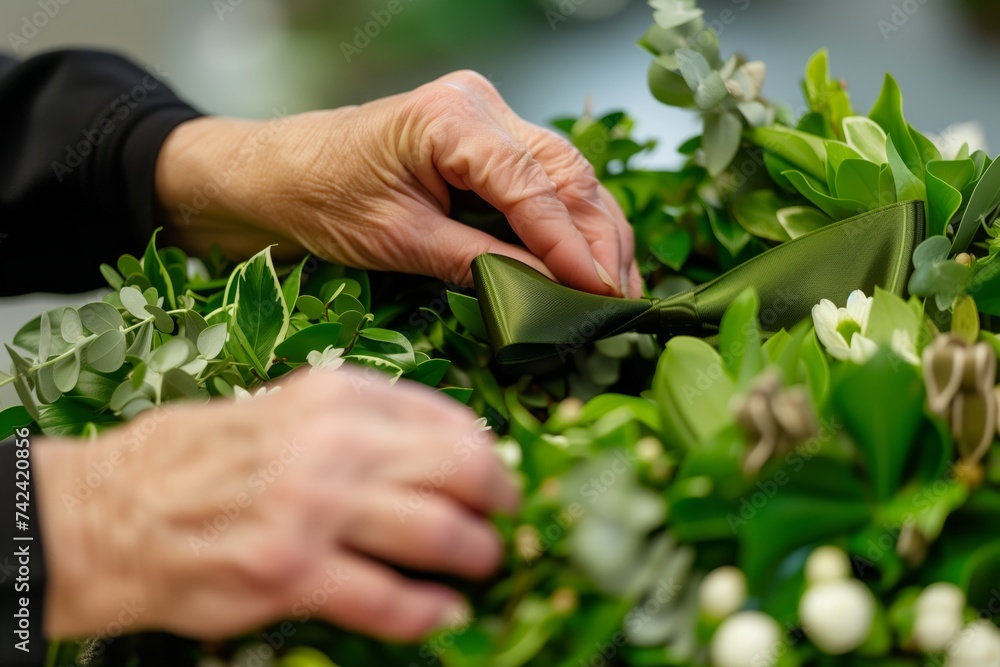 closeup of florists hands fixing a bow on a green wreath closeup of florists hands fixing a bow on a green wreath