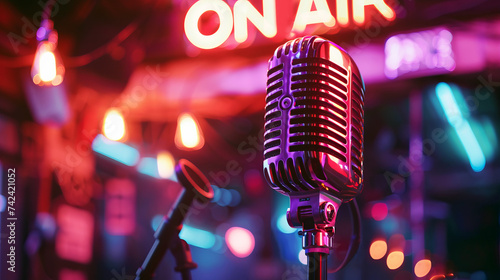 A classic ribbon microphone in the spotlight with a glowing "On Air" neon sign in the background, setting the stage for a live broadcast.