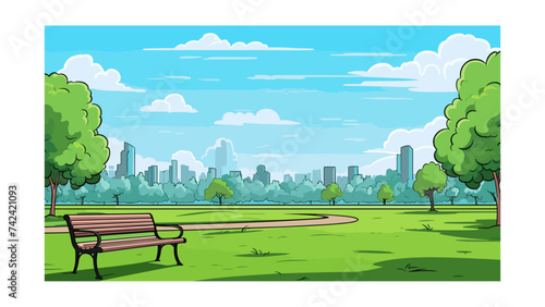 City park with bench and street lamps. Vector illustration in flat style 