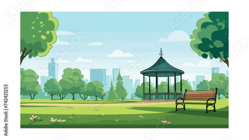 City park with bench and street lamps. Vector illustration in flat style

