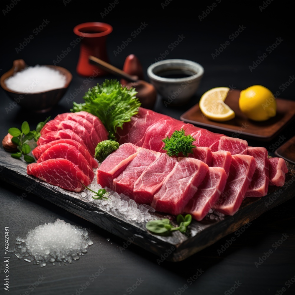 Wagyu beef Sashimi on cutting board