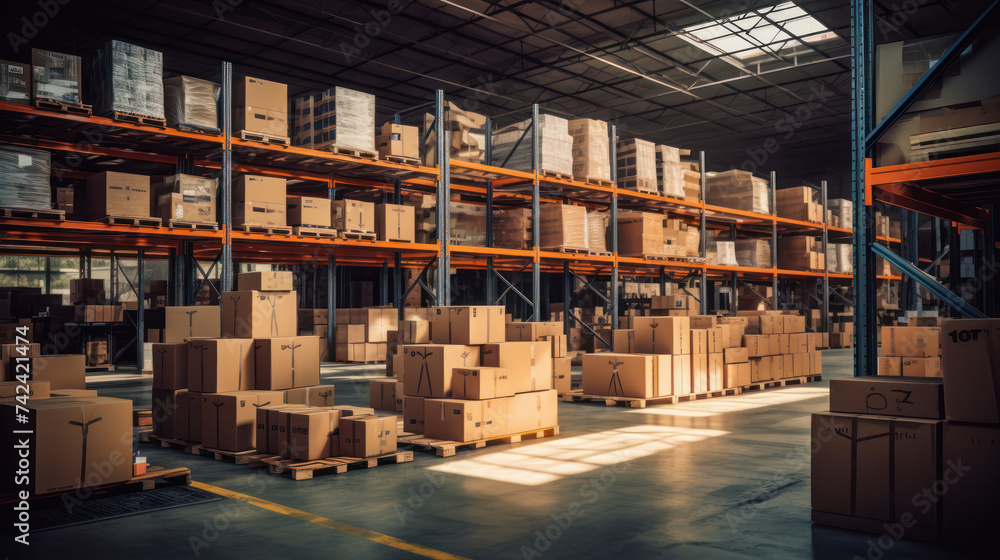 Illustration warehouse with packages neatly arranged on shelves Illustration warehouse with packages neatly arranged on shelves