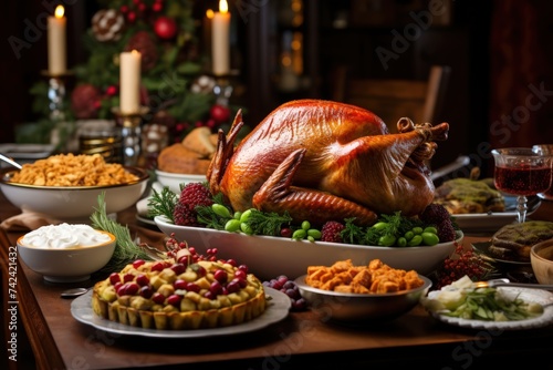 A festive holiday table spread featuring a succulent roast turkey, cranberry sauce, roasted vegetables, and a selection of mouthwatering desserts, under candlelight.