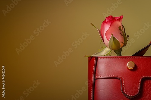 leather handbag with elegant rosebud tiptoeing out photo