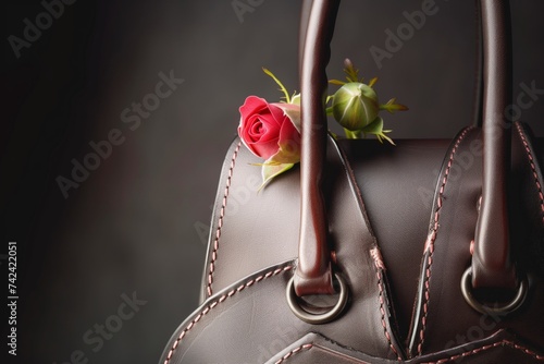 leather handbag with elegant rosebud tiptoeing out photo