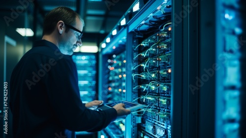 A male IT professional works diligently in a server room, configuring network equipment with a tablet.