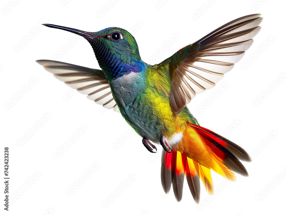 Fototapeta premium Colorful hummingbird, a pollinator bird, in flight on black background.
