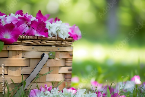 picnic basket with floral decoration, petals peeking