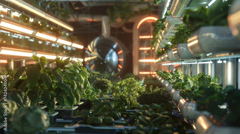 This high-tech indoor farm utilizes advanced hydroponic systems and LED grow lights to cultivate rows of lush, green plants in a controlled environment.