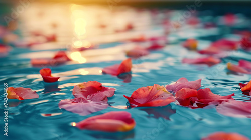 太陽光の差し込む、光の反射する水面に浮かぶ赤い花の薄い花びら