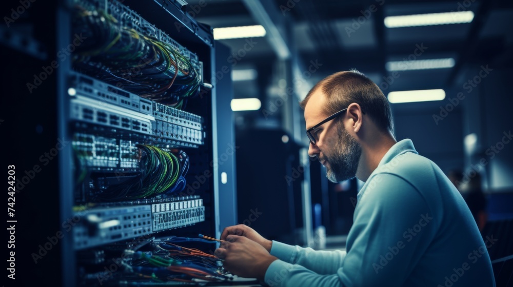 A technician meticulously working on server hardware, highlighting skill, precision, and modern technology. A technician meticulously working on server hardware, highlighting skill, precision, and modern technology.