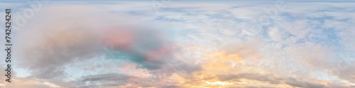 Sunset sky panorama with bright glowing pink Cirrus clouds. HDR 360 seamless spherical panorama. Full zenith or sky dome in 3D, sky replacement for aerial drone panoramas. Climate and weather change. © svetograph