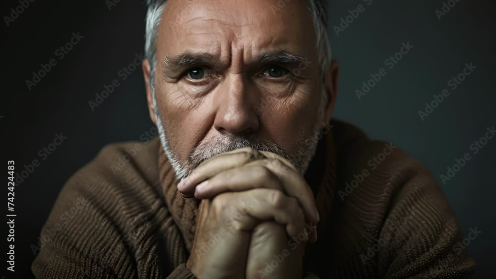 A middleaged man with a tense posture fidgeting with his hands, Grey-Haired male in Brown Sweater A middleaged man with a tense posture fidgeting with his hands, Grey-Haired male in Brown Sweater
