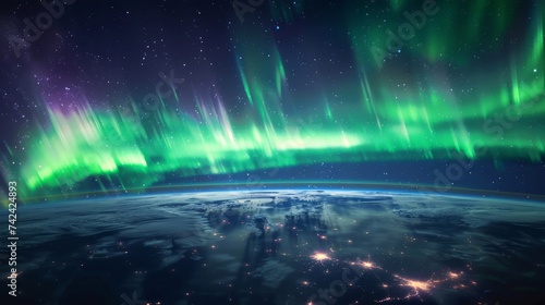 the Northern Lights (Aurora Borealis) over Earth, with vibrant green and purple lights dancing across the night sky, viewed from space