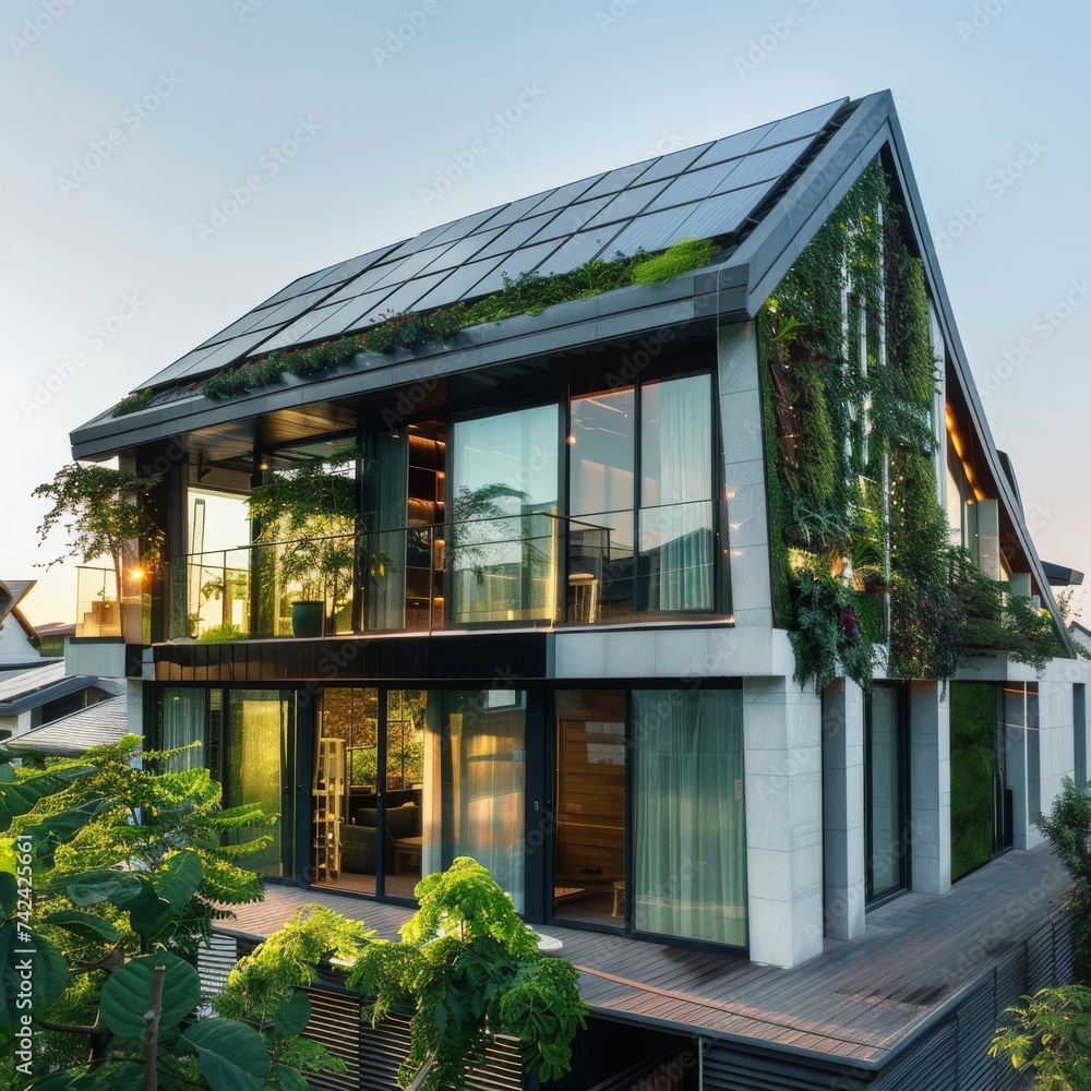 Sustainable living in a modern eco-friendly house with a rooftop garden and solar panels surrounded by nature.