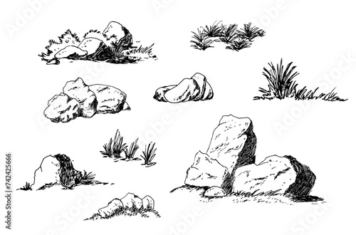 Minimal sketch style cad tree stone line drawing, Side view, set of graphics trees elements outline symbol for architecture and landscape design drawing. Vector illustration in stroke fill in white.