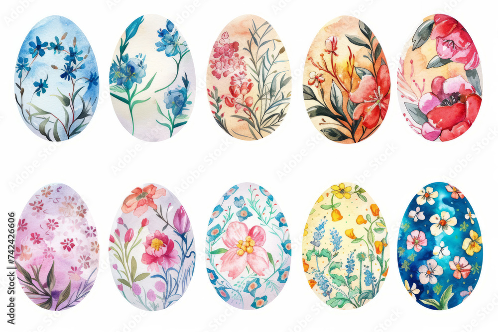 set of colorful nature inspired Easter eggs with flower patterns isolated on white set of colorful nature inspired Easter eggs with flower patterns isolated on white