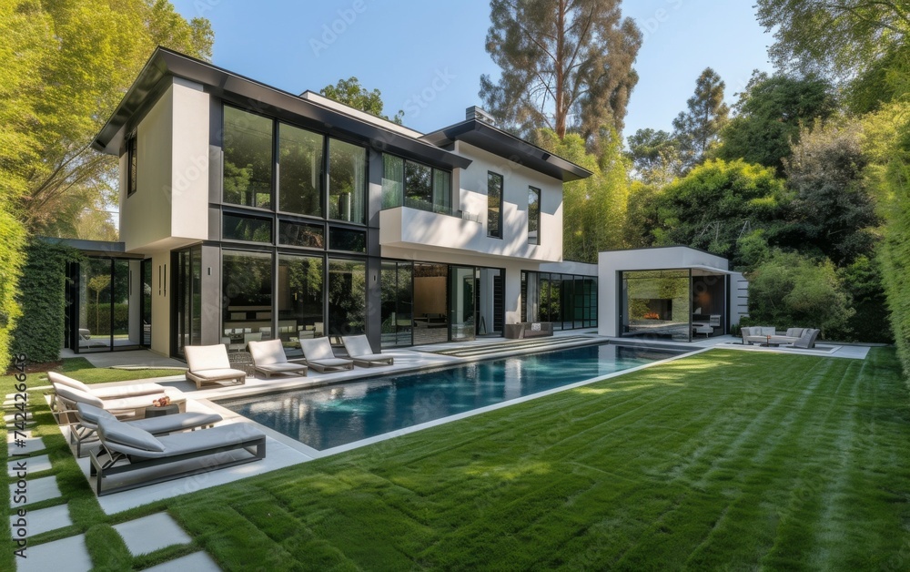 A large house with a pool in its center, showcasing a luxurious design and structure A large house with a pool in its center, showcasing a luxurious design and structure