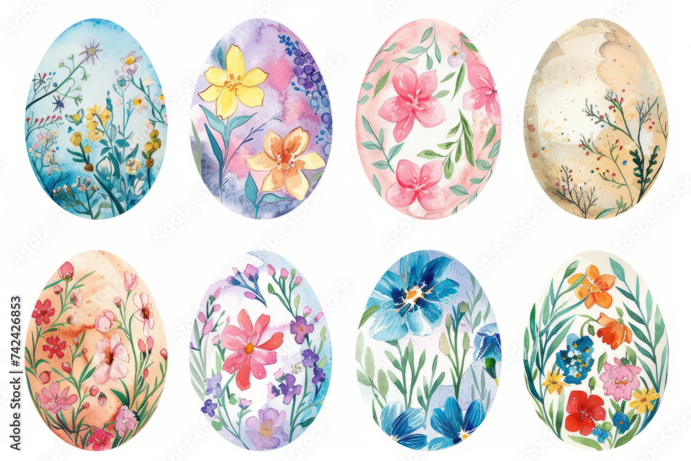 set of colorful nature inspired Easter eggs with flower patterns isolated on white