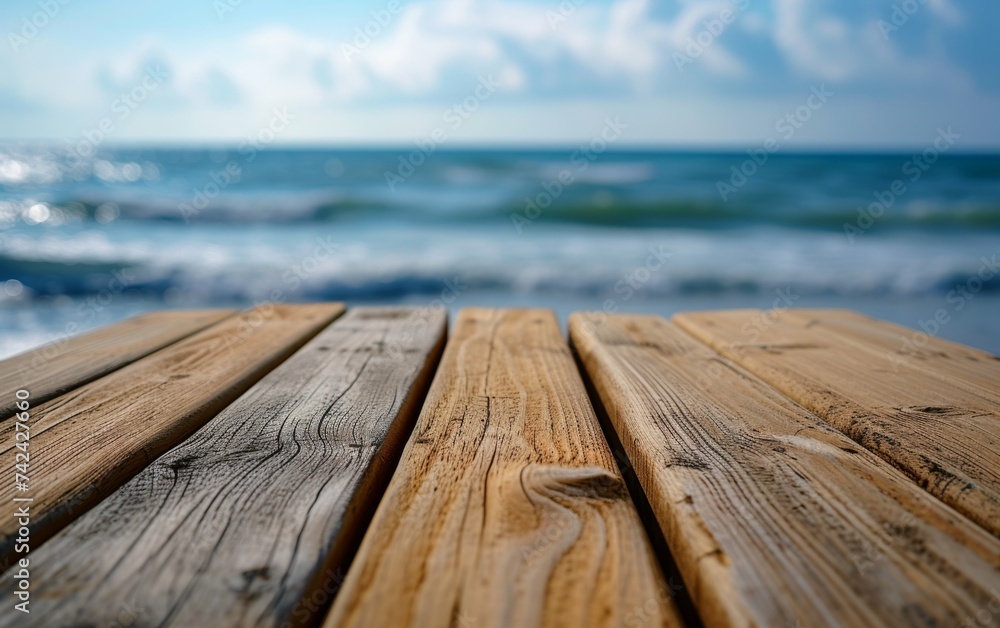 Fototapeta premium Close-up view of a wooden table set against the backdrop of the ocean, showcasing textures and colors of the wood and the water