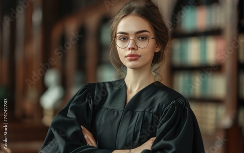 A multiracial woman wearing a black robe and glasses stands in front of a bookshelf photo